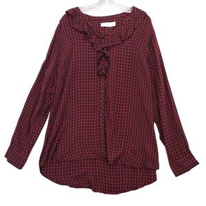 Time and Tru XXL Red Black Plaid‎ Ruffle Long Sleeve Button Up Blouse Top